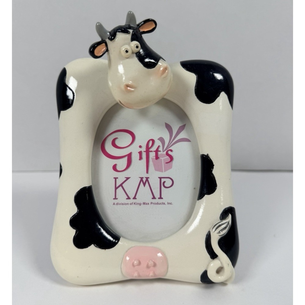 Cow Photo Frame Bobblehead Ceramic Black & White Tabletop 4"x5.5"